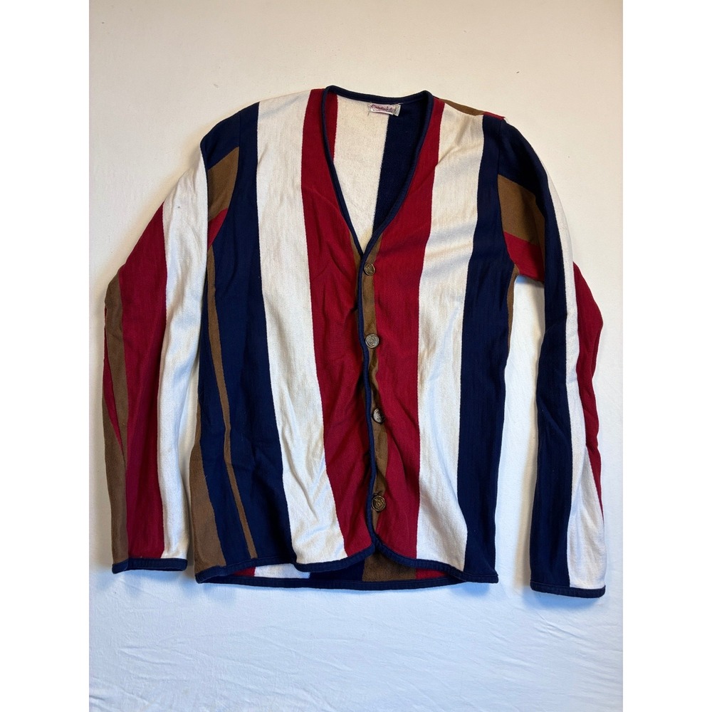 Catalina Mens Striped Cardigan Sweater V Neck Button Front Red Navy Brown Size M